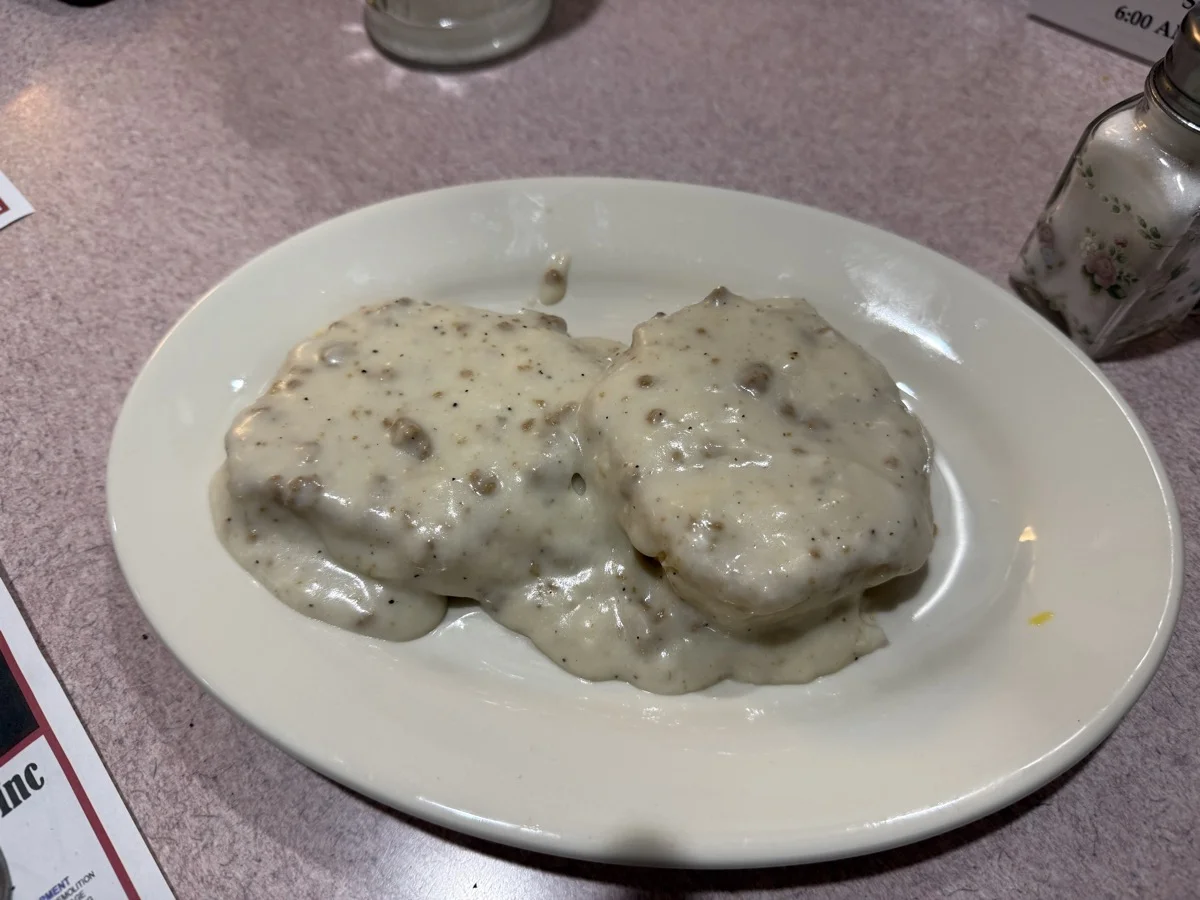 Biscuits smothered in sausage gravy.